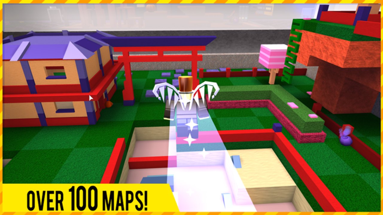 Super Bomb Survival in-game shot of a winged avatar dashing through a Japanese-style map