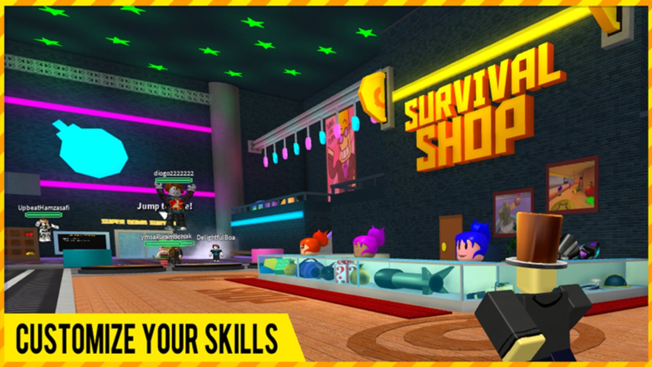 Super Bomb Survival lobby screenshot of the Survival Shop with skill displays and nametags